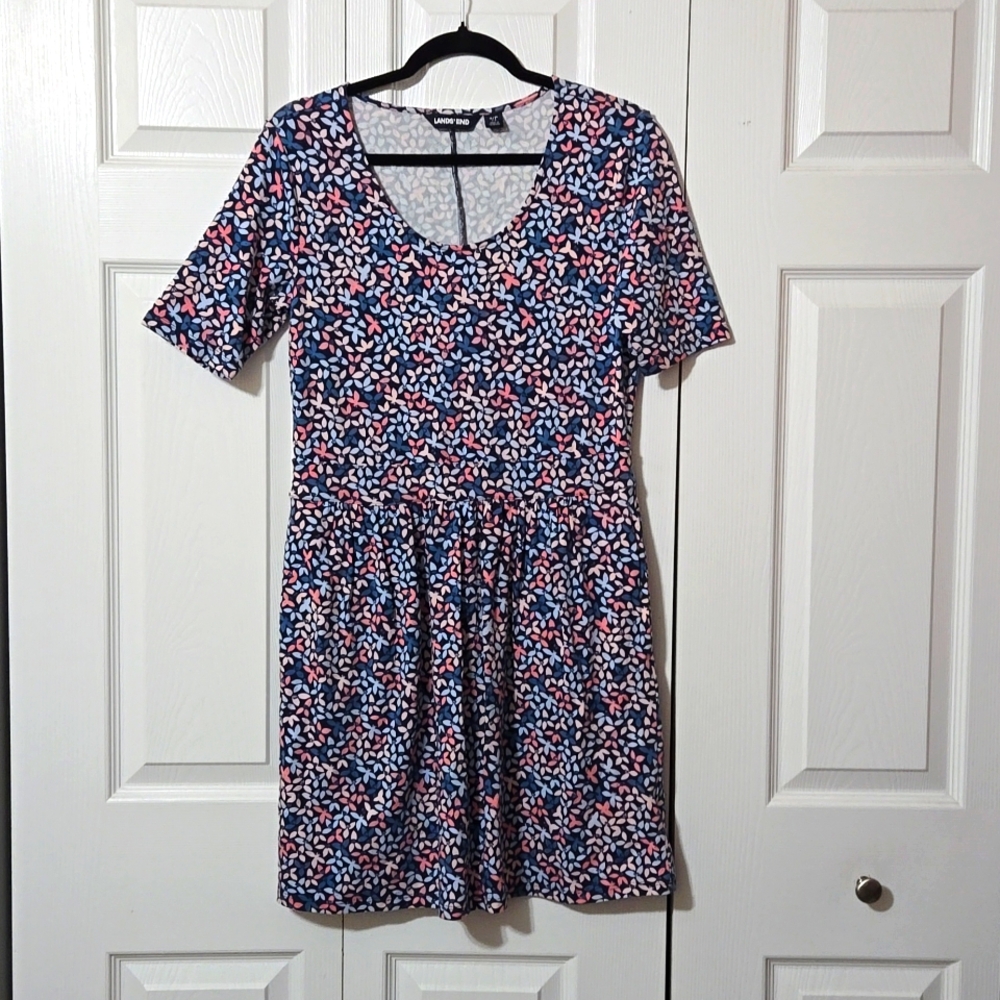 Blue & Pink Floral Design Short Sleeved Dress w/Pockets, Small, Like New Cond